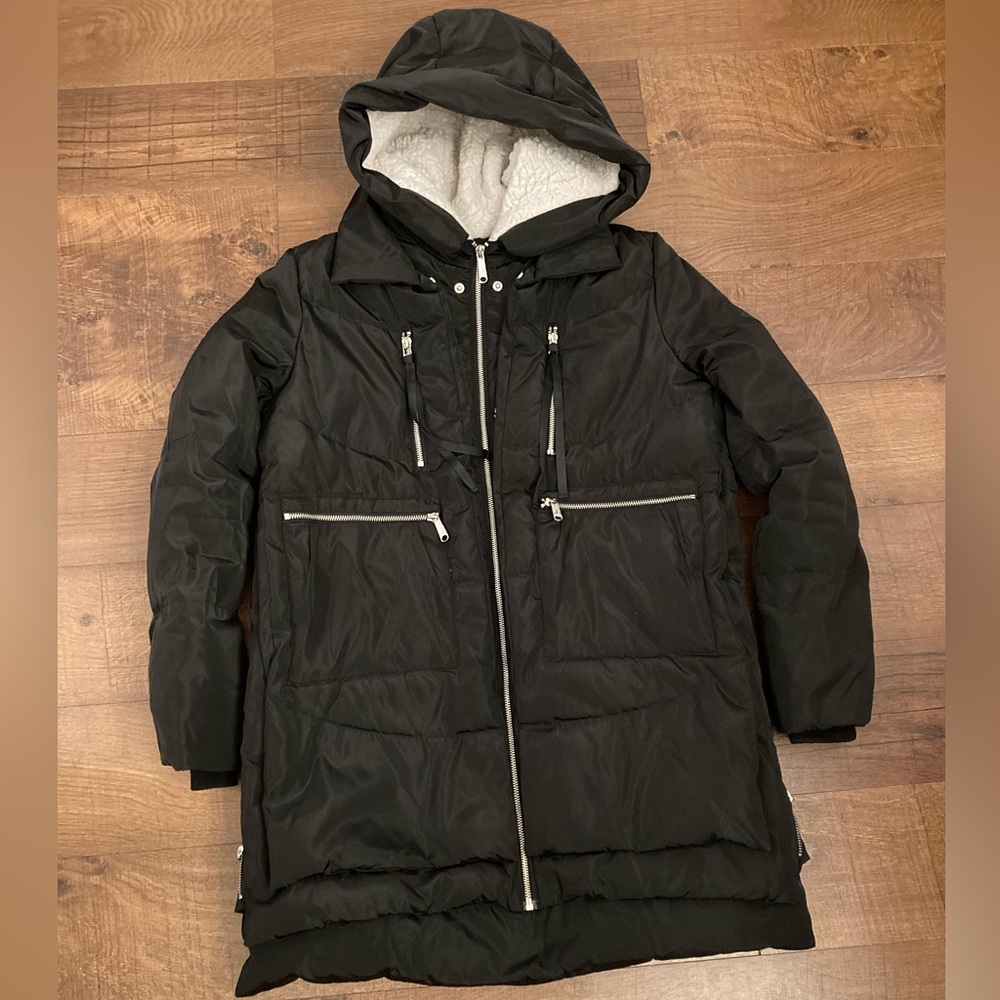 Sam Edelman Black Hooded Puffer Coat Vibrant Contrast Orange Interior Women XS